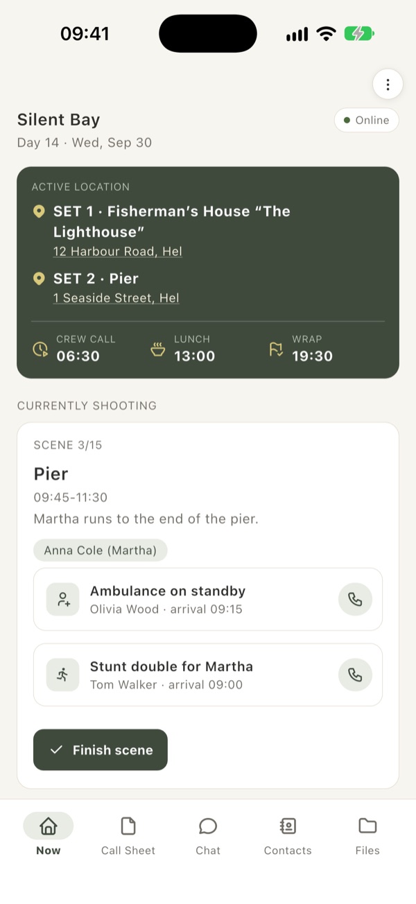 Now screen: sets with navigation, the scene being shot with an ambulance and a stunt double, call buttons